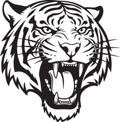 Roaring tiger head vector illustration, black and white aggressive big cat face, detailed animal mascot design isolated on white