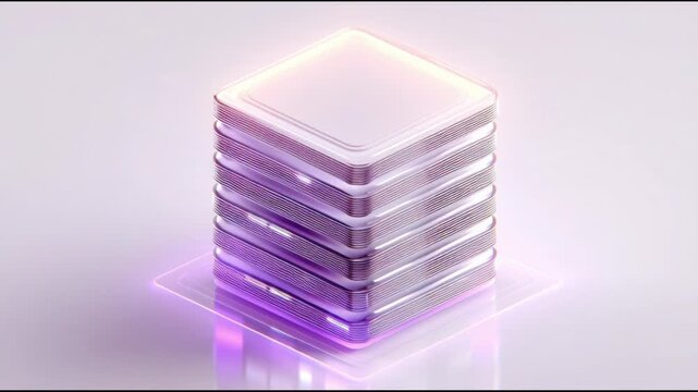 Abstract 3D render of a glowing, stacked server rack or data storage unit with purple and white light accents, symbolizing technology, digital information, and cloud computing
