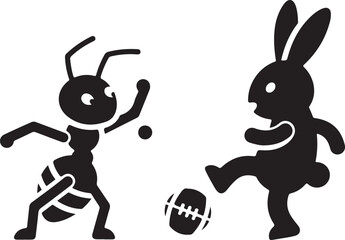 Black vector illustration of an ant playing table tennis and a rabbit playing American football, isolated on white
