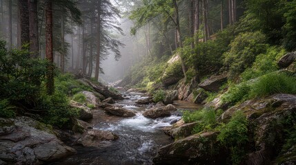 Obraz premium Sunlit Forest Stream with Green Foliage Mossy Rocks and Sparkling Water Reflections Creating a Serene Nature Scene with Warm Tones and Natural Lighting
