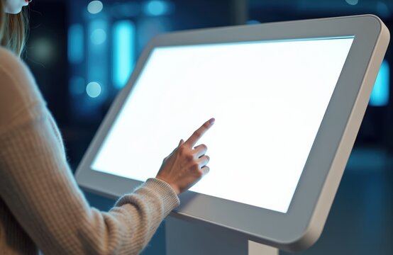 Woman touches large interactive screen. Digital kiosk displays blank white space. Future tech show info point. User interacts with console display.