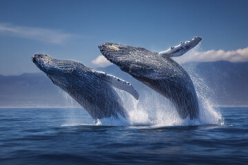 Naklejka premium Two humpback whale breaching simultaneously in ocean water with splash and mountain background under blue sky, creating dramatic and powerful moment in nature