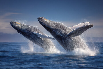 Naklejka premium Two humpback whales breaching together out of ocean with water splashing around them under clear sky, showcasing powerful marine life in motion