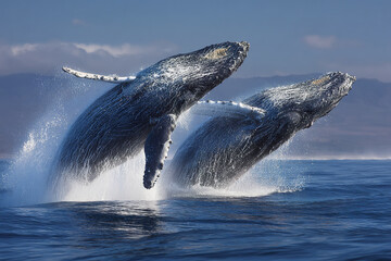 Fototapeta premium Two humpback whales breaching together out of ocean with water splashing around them under clear sky near distant mountains, showing powerful marine life in motion