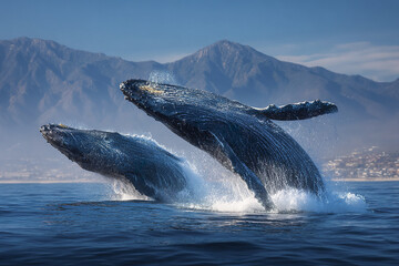 Naklejka premium Two whales jumping in ocean with big splash near mountain coastline under clear blue sky, showing powerful marine wildlife in natural habitat with dynamic water movement and sunlight reflection