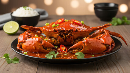 Delicious spicy crab dish with fresh herbs and rice