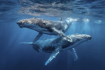 Fototapeta premium Underwater humpback whale mother and baby whale swimming calmly in deep blue ocean water with sunlight filtering through surface creating peaceful marine scene