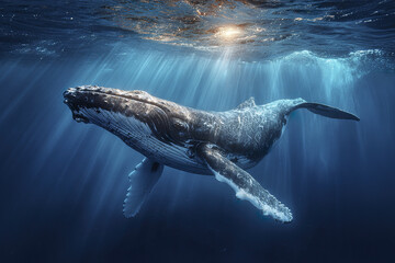 Fototapeta premium Underwater humpback whale swimming in deep blue ocean with sunlight rays penetrating water, showcasing majestic marine life in its natural habitat