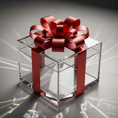 Transparent glass gift box with red ribbon 3D