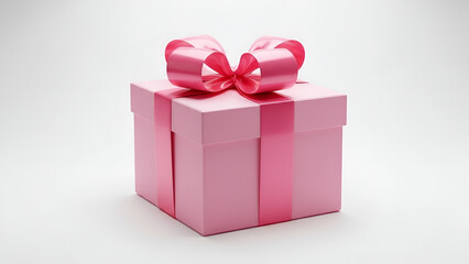 Fototapeta premium Pink Gift Box with Matching Ribbon – Simple Square Present on White Backdrop
