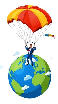 Business Man Skydiving Onto Planet Earth With Parachute