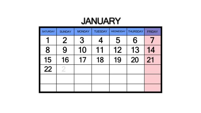 The calendar of january month 3th day is red circled, looped animation. A very important date in the calendar. Signing a day on a calendar. white background