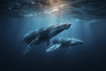 Fototapeta premium Underwater humpback whales swimming near ocean surface with sunlight filtering through water, creating serene and majestic marine scene