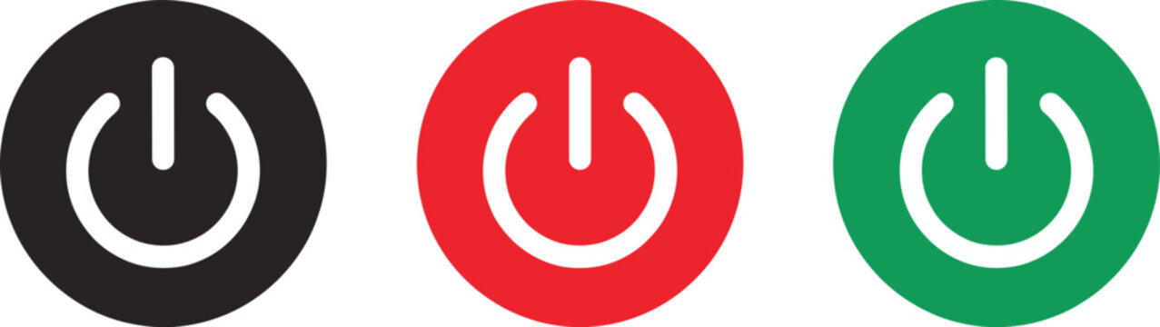 Power button icon set in black red and green colors for modern user interface and technology design