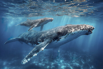 Obraz premium Underwater whale family near surface with mother humpback whale and calf swimming peacefully in clear blue ocean water with sunlight rays creating serene marine scene