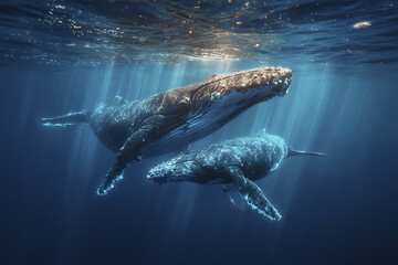 Fototapeta premium Underwater humpback whale family swimming near ocean surface with sunlight rays penetrating deep blue water creating peaceful marine scene