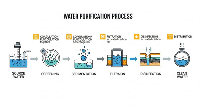 Water purification process steps infographic drinking water treatment flowchart