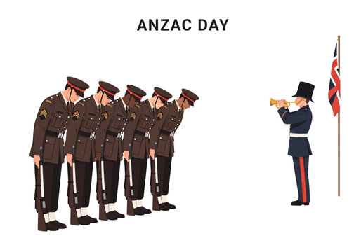 Anzac Day soldiers paying respects with a bugler and flag.