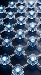 Fototapeta premium Abstract network of glowing blue cubes interconnected by metallic chains, representing data flow and digital connections in a futuristic concept.