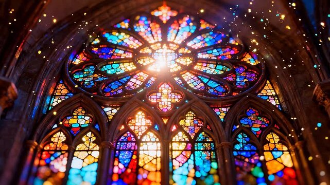 Colorful stained glass window in cathedral