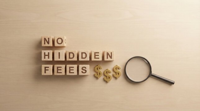 Wooden cubes spelling 'NO HIDDEN FEES' placed on dark desk beside 3D dollar icons and a magnifying glass