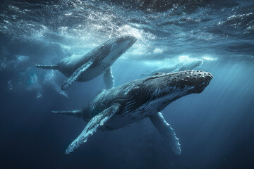 Fototapeta premium Underwater whale pod near surface with multiple humpback whales swimming gracefully in deep blue ocean light beams creating serene and majestic marine scene