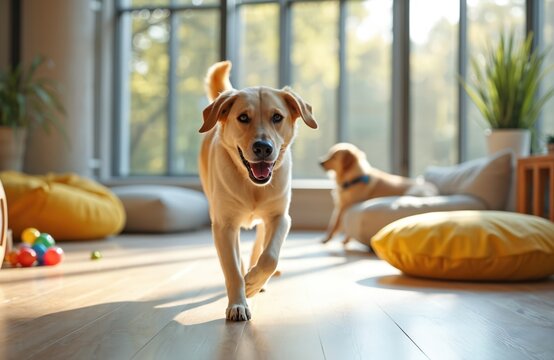 Golden Labrador dog walks forward in bright room with other dogs resting on soft beds. Toys and plants add playful atmosphere. Sunlight streams through large windows.
