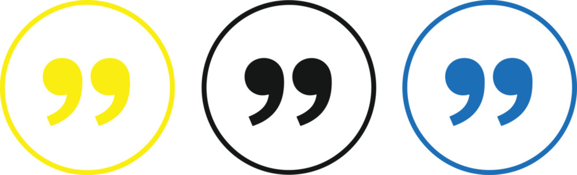 Quotation mark icon set in yellow, black, and blue circular frames, quote punctuation symbols for text and design
