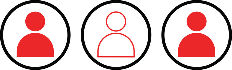 User profile avatar icon set in red circular frames, filled and outline people symbols for interface and account design