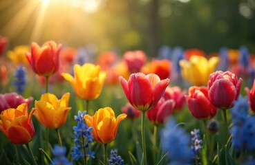 Fototapeta premium Field of colorful tulips and blue flowers bathed in warm sunlight. Spring garden with blooming petals and lush green foliage. Natural beauty and seasonal flora create vivid scenery.