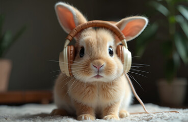 Furry rabbit with headphones listens to music. Small animal enjoys sound with closed eyes and tilted head. Cute bunny looks happy and peaceful, resting indoors.