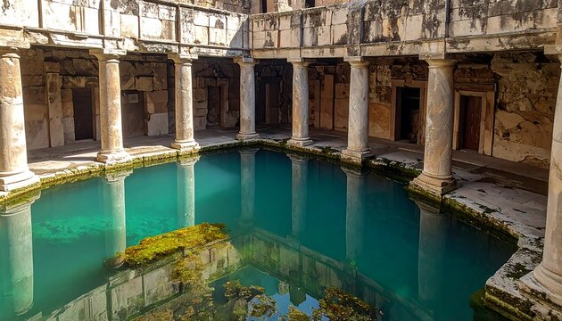 Ancient Roman bath complex with turquoise water and pillars