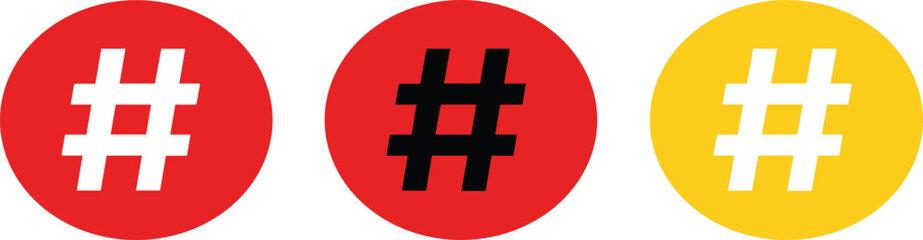 Fototapeta premium Hashtag symbol icon set in red and yellow circular buttons, social media tag and trending topic vector design