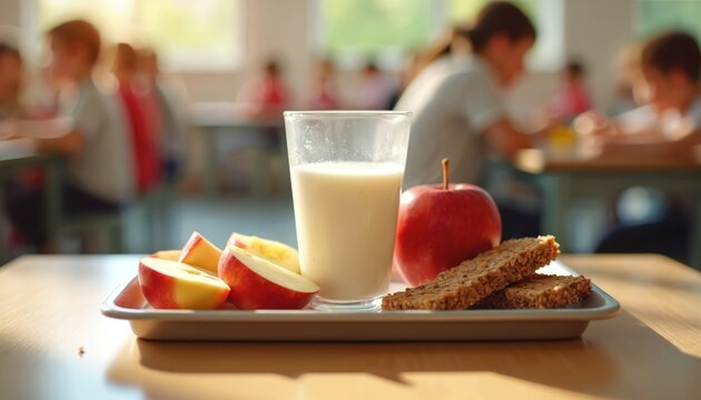 Children eat balanced lunch with milk apple granola bar in school cafeteria. Healthy meal, student nourishment, food tray on wooden table. Young kids eating, midday break, education.