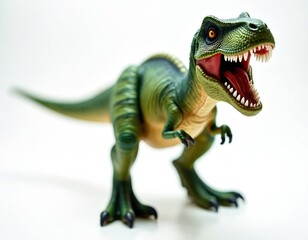 Obraz premium Green plastic dinosaur toy stands on white background. This detailed creature has open mouth showing sharp teeth and red tongue. Realistic toy for kids.