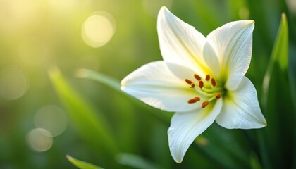 Fototapeta premium White Easter lily blooms with delicate petals and bright yellow stamens. Soft sun light shines on flower. Green foliage creates natural backdrop. Serene spring nature scene.