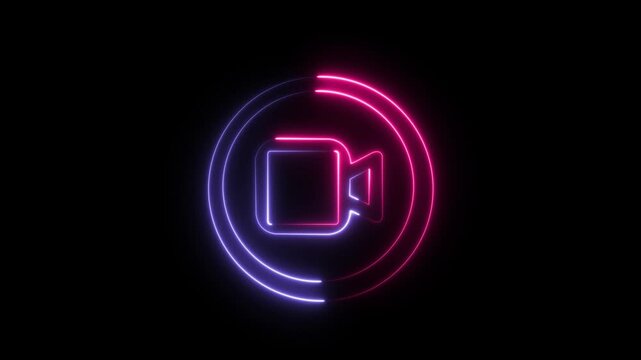 Neon play button icon glowing in dark futuristic digital circle with vibrant pink and blue light effects