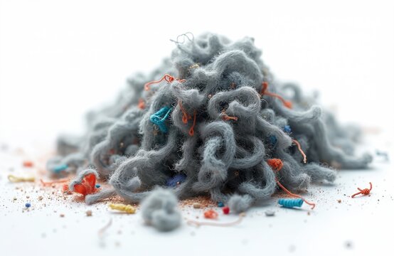 Pile of grey lint collected from clothes dryer. Tiny colorful threads mixed with dust particles. Macro shot details fabric remnants from laundry. Cleanliness concept.