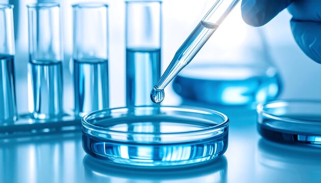 Close-up view of a scientist's hand holding a pipette, dripping liquid into a petri dish. Background includes test tubes