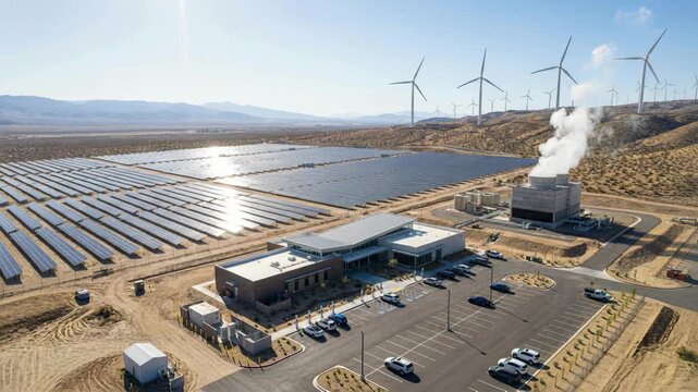Modern solar farm with wind turbine array technology powering renewable energy plant and solar panel array wind turbine landscape driving power plant