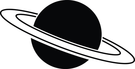Planet with rings silhouette icon resembling Saturn, minimalist black and white vector illustration for astronomy, space, science, celestial design © MSTIRIN
