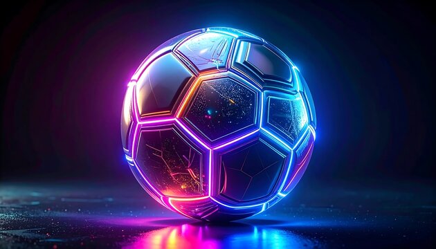 Futuristic Neon Soccer Ball Glowing in Dark Stadium.