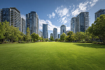 Urban skyline with modern high rise buildings and vibrant green public park under bright blue sky with scattered clouds, creating peaceful and refreshing city atmosphere