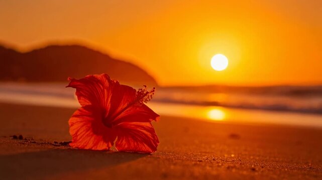 Beautiful sunset beach and hibiscus	
