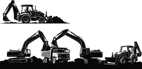 Vector Set of Heavy Construction Machinery Silhouettes Including Excavators Backhoes and Dump Trucks Working on Earthmoving Industrial Site Projects Isolated on White Background © Mst