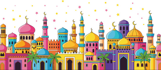 Colorful Islamic city skyline with mosques domes minarets crescent moons and palm trees isolated on white background festive cartoon vector illustration © MstMukta
