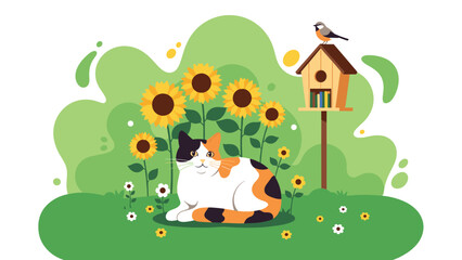 Fototapeta premium Adorable calico cat resting in a sunny garden surrounded by blooming sunflowers and a birdhouse on a green field.