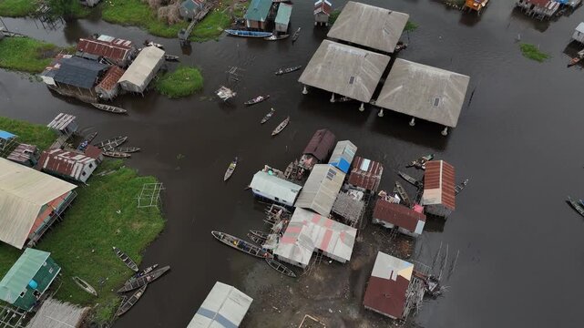 Cinematic drone vista revealing the dense layout of stilt dwellings and small boats navigating the water village of Ganvie in Benin west africa travel destination