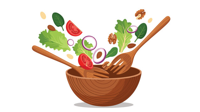 Healthy salad ingredients like lettuce, tomatoes, onions, and nuts falling into a wooden bowl for preparation.