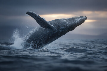 Obraz premium Humpback whale breaching in ocean with water splashing around, dramatic cloudy sky in background creating powerful marine wildlife scene